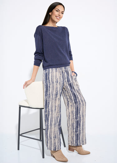Pantalon fluide élastiqué, imprimé rayé Gris/Ecru