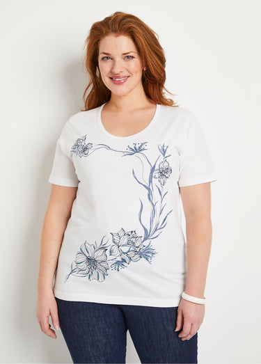 T-shirt motif fleurs encolure ronde Fond Blanc
