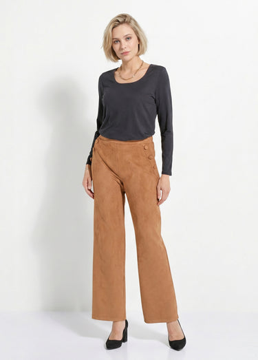 Pantalon droit ceinture élastiquée tissu suédé Camel