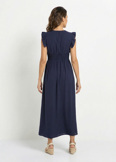 Robe longue sans manches taille plissée Marine