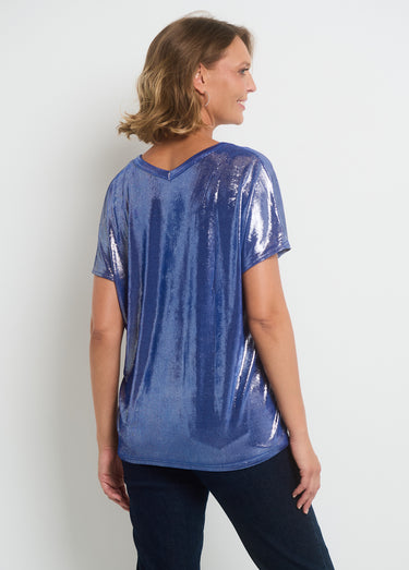 T-shirt métallisé col V manches tombantes Bleu