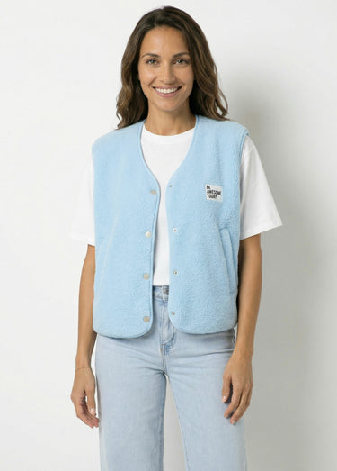Gilet sherpa sans manches, patch Awesome Bleu Clair