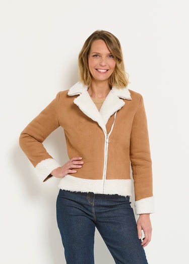 Veste zippée aviateur façon mouton retourné Marron