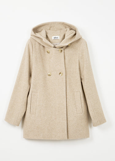 Veste manteau lainage tweed double boutonnage capuche Beige