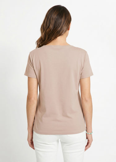 T-shirt macramé coton uni manches courtes Beige