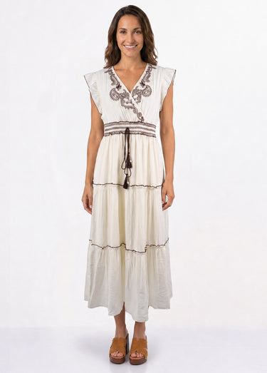 Robe à volants, sequins et pompons Ecru