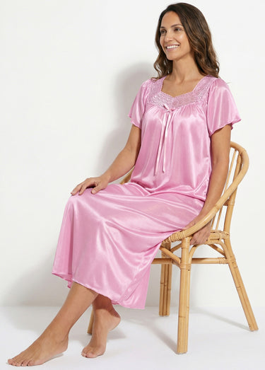 Chemise de nuit satinée longue antistatique dentelle Rose