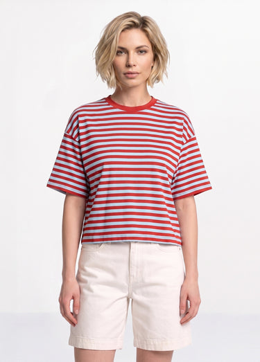 T-shirt col rond, rayures contrastées Rouge/bleu ciel