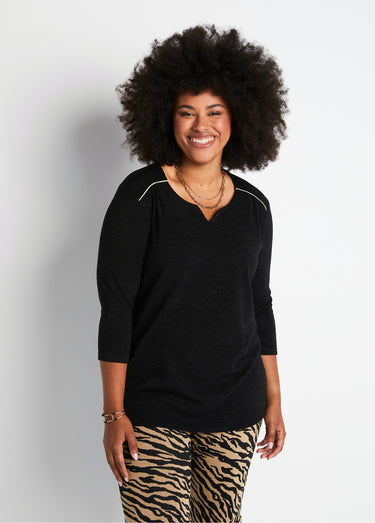 T-shirt long évasé manches 3/4 col rond Uni Noir
