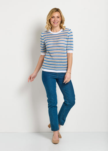 Pull doux rayé ajouré court manches courtes Raye Bleu