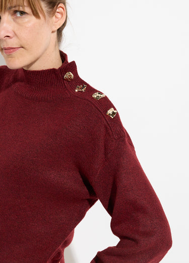 Pull col montant boutons bijou métal Bordeaux