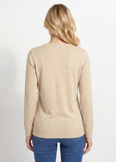 Pull fin col V jersey uni avec laine mérinos Ficelle