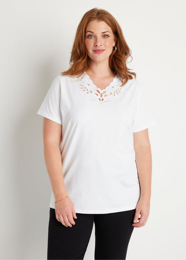 T-shirt col V ajouré brodé Blanc