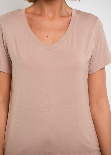T-shirt fluide col V manches courtes Taupe
