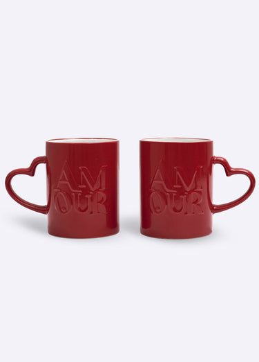 Duo mugs Amour en grès, avec anse coeur Rouge
