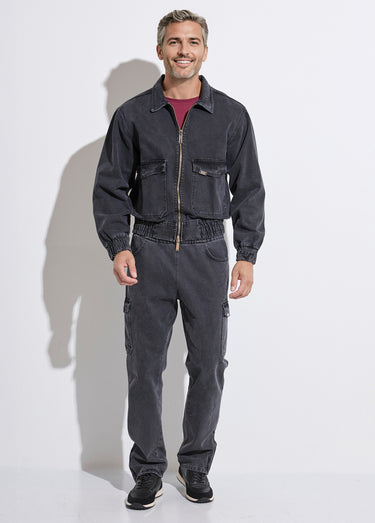 Veste en jean zippée détails élastiqués Noir