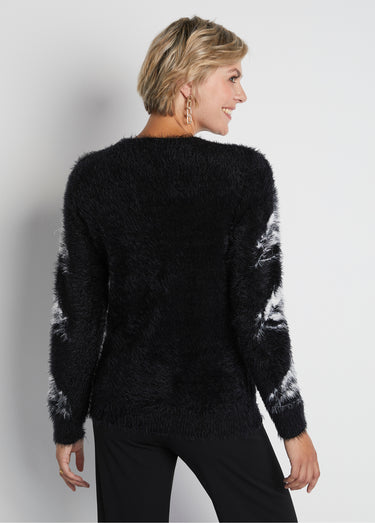 Pull jacquard maille poilue manches longues Noir/Ecru
