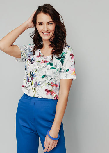 T-shirt long extensible motif floral Fond Blanc