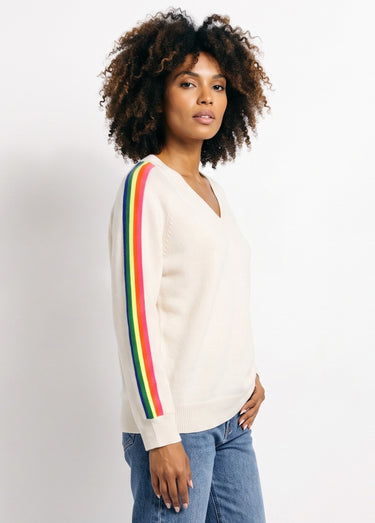 Pull col V manches lignes multicolores Beige
