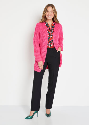 Gilet long uni bord à bord grosse maille Fuchsia