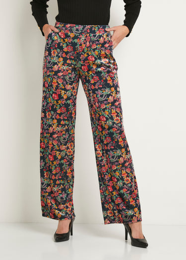 Pantalon taille élastiquée velours ras Marine/Rose
