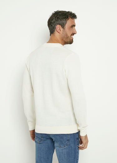 Pull jacquard col V chaud en laine mérinos Ecru