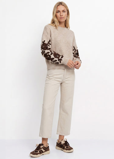 Pull col rond manches longues brodées Beige