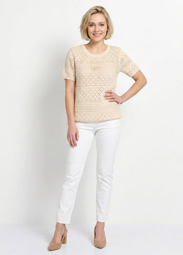 Pull manches courtes blousant ajouré col rond Ficelle