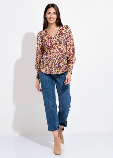 Tunique col V imprimé fleuri baroque Beige/Marron