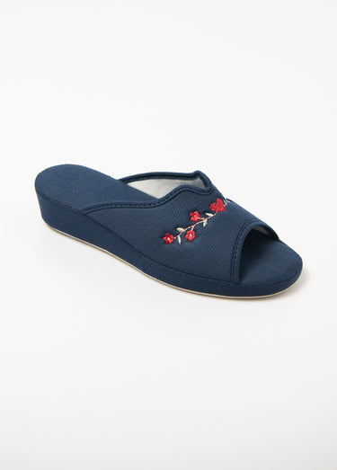 Chaussons mules brodées, talon compensé Marine