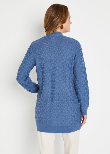 Gilet long boutonné torsades col V Bleu