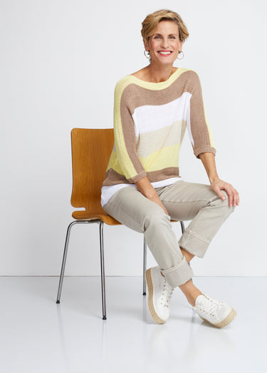 Pull rayé manches 3/4 point mousse Jaune/Dore