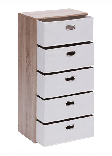 Commode façon bois, 5 tiroirs intissé Beige
