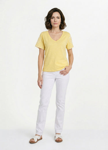 T-shirt col V brodé manches courtes Jaune/Blanc
