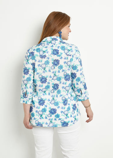 Chemisier boutonné long coton imprimé fleurs Imprime/Bleu