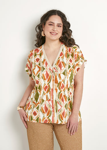 T-shirt col V ample manches courtes Vert/Terracotta