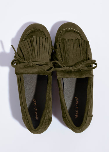 Mocassins à franges en suédine semelle plate Kaki