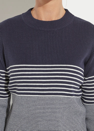 Pull court col montant maille côtelée Marine/Ecru