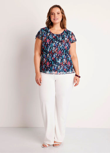 T-shirt court dentelle imprimée Marine/Fuchsia