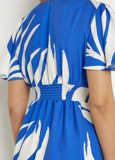 Robe courte imprimée col V manches papillon Bleu / Écru