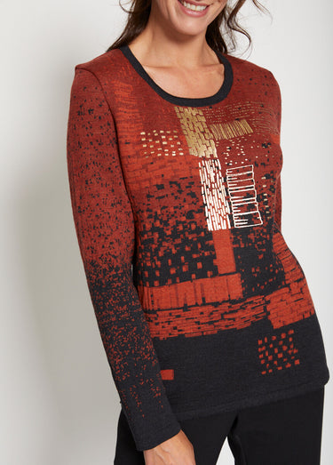 Pull chaud laine mérinos jacquard col rond Noir/Cuivre