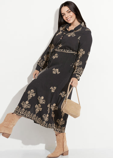 Robe chemisier à broderies contrastées Noir
