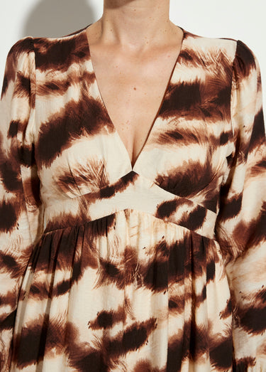 Robe volantée col V manches resserrées Marron/Beige