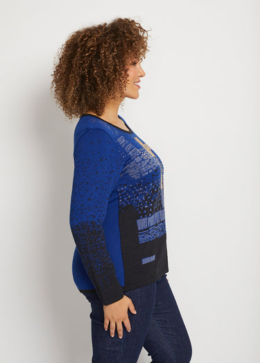 Pull chaud laine mérinos jacquard col rond Noir/Bleu