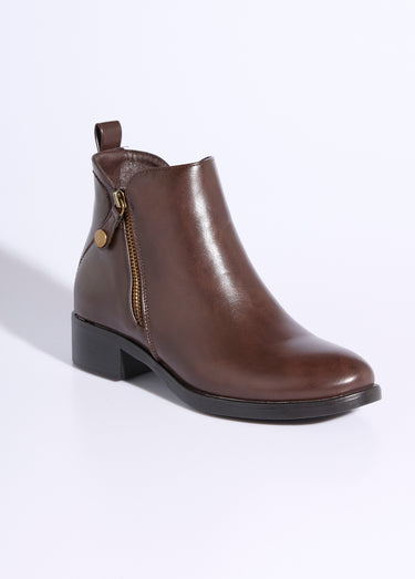 Low boots à talon large et zip déco Marron