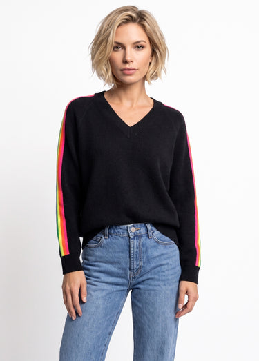 Pull col V manches lignes multicolores Noir