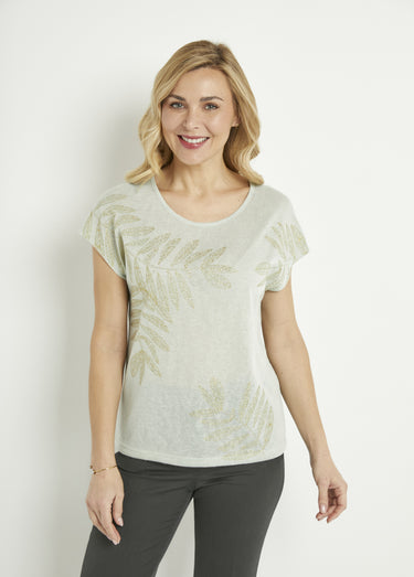 T-shirt col rond maille flammée motif doré Sauge