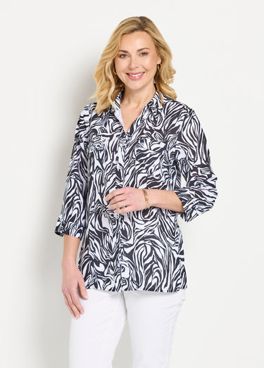 Chemisier long boutonné manches 3/4 peau de bête Noir / Blanc