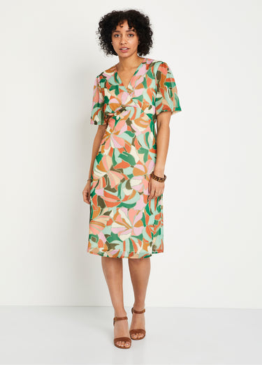 Robe droite courte voile imprimé cérémonie Vert/Orange