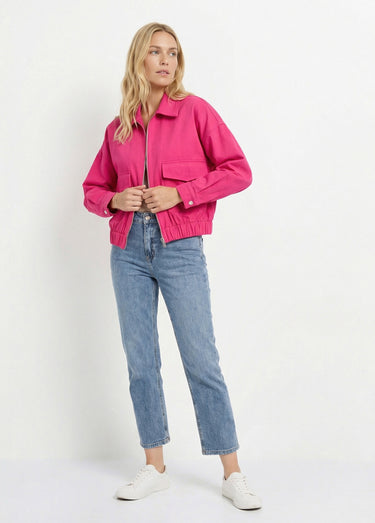 Blouson zippé en toile, taille resserrée Magenta